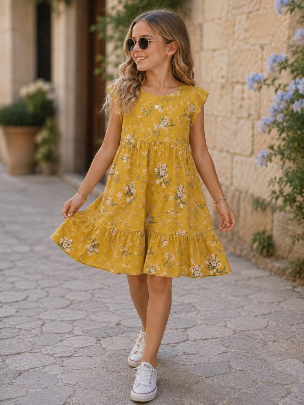 Old Navy Girl's Yellow Floral Dress Size M Yellow Short Sleeves Round Neck